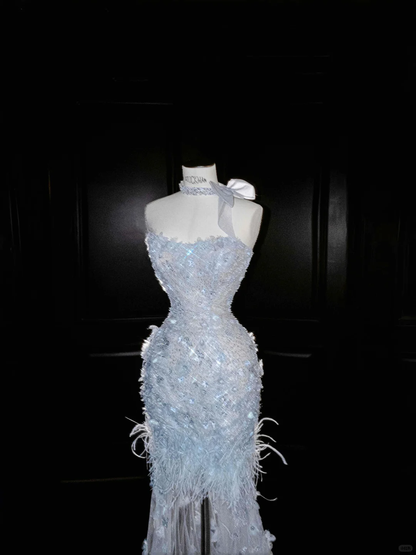 Baby Blue Mermaid Sweetheart Neck Beaded Feathder Tulle Prom Dress Evening Dress SH3350