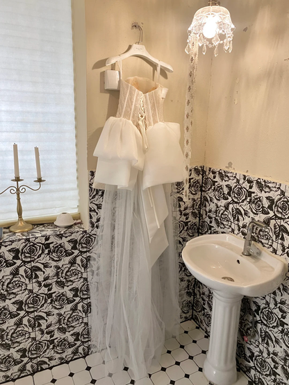 White Bow A Line Strapless Beaded Lace Satin Short Homecoming Dress Birthday Dress SH3859