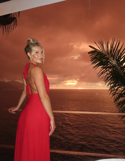 Sexy A Line Halter Red Satin Open Back Long Prom Dress Evening Dress SH1775