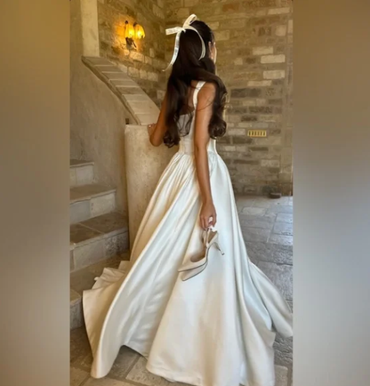 Simple Ball Gown Straps Ivory Satin Long Wedding Dresses Bridal Dress SD2390