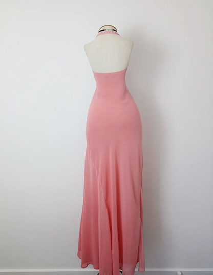 Retro A Line V Neck Pink Beaded Chiffon Prom Dress Evening Dress SH3367