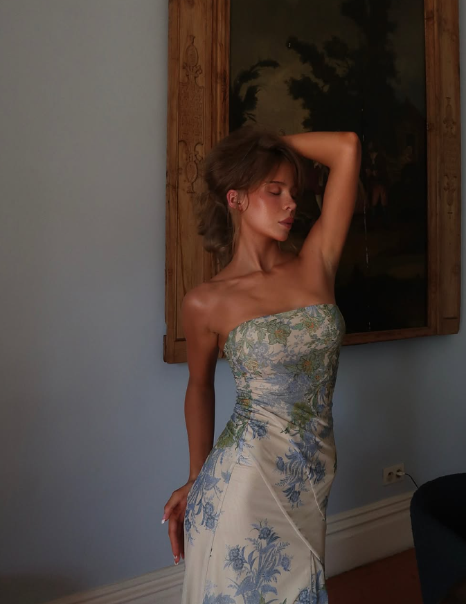 Retro Blue Print Floral Strapless Satin Long Outfit Party Dress 18 Birthday Dress SH3517