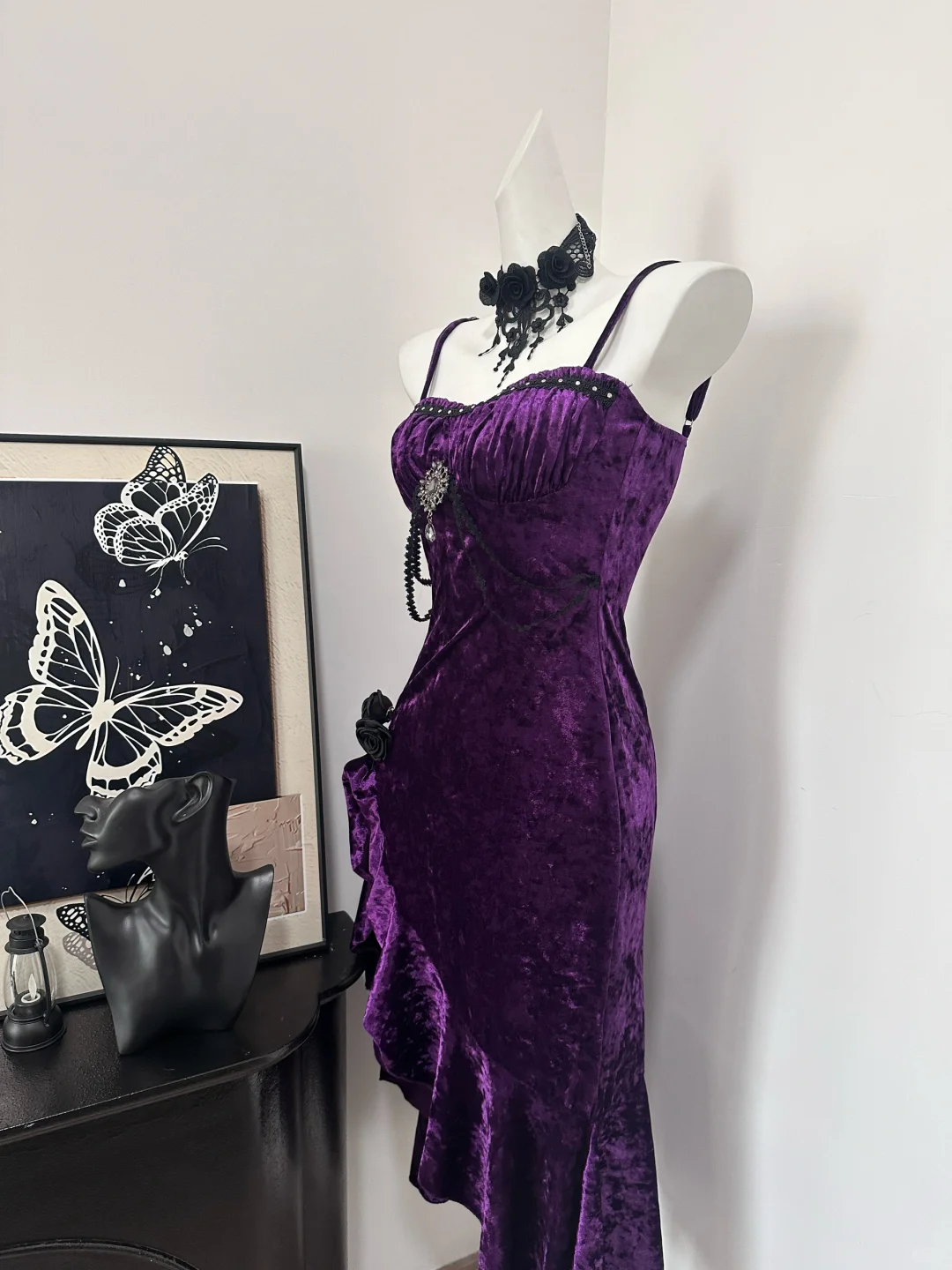 Pretty Spaghetti Straps Purple Velvet Ruffle Party Dress Birthday Evening Dress S633