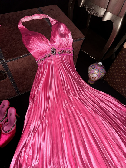Barbie Pink A Line Halter Beaded Pleated Satin Open Back Prom Dress Evening Dress SH3182