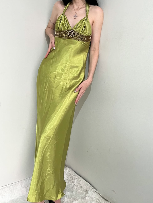 Vintage Sheath Halter Beaded Green Satin Open Back Prom Dress Graduation Prom Dress SH2570