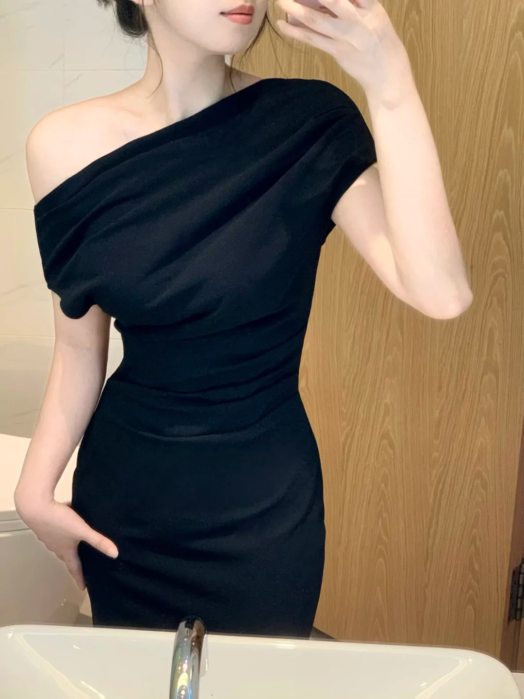 Sexy Black One Shoulder Satin Sheath Party Dress Cocktail Dress  S323