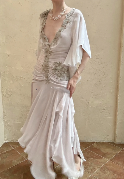 Vintage Mermaid V Neck Lace Pleated Chiffon Prom Dress Formal Dress SH3864