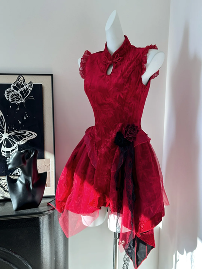 Vintage Sleeveless Red Satin Lace Short Birthday Dress Homecoming Dress S631