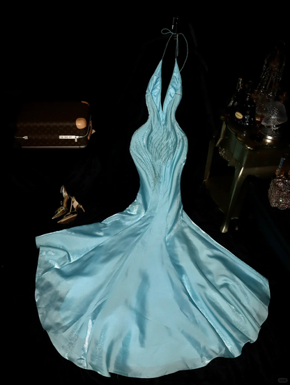 Baby Blue Mermaid V Neck Beaded Satin Long Open Back Prom Dress Evening Dress SH3142