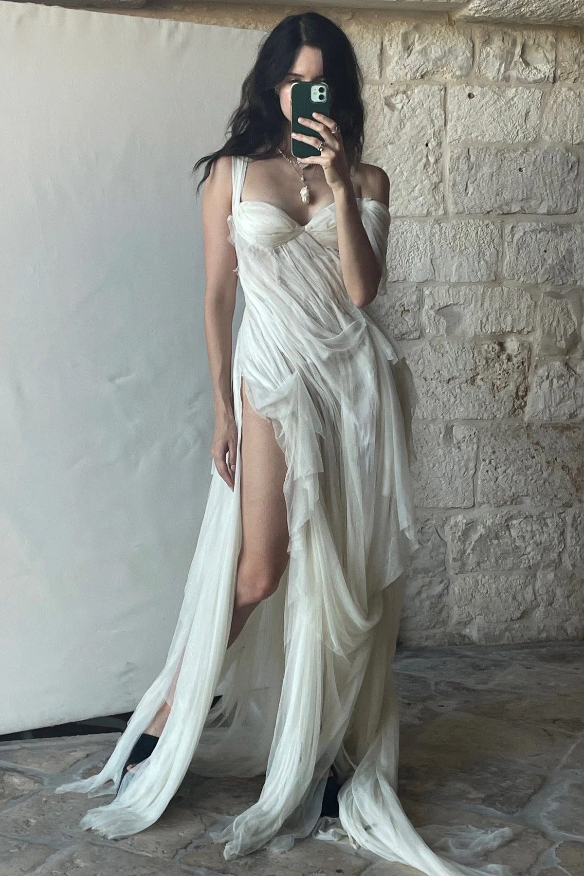Stunning A Line Straps White Chiffon Prom Dress Evening Dress with Slit SH2259