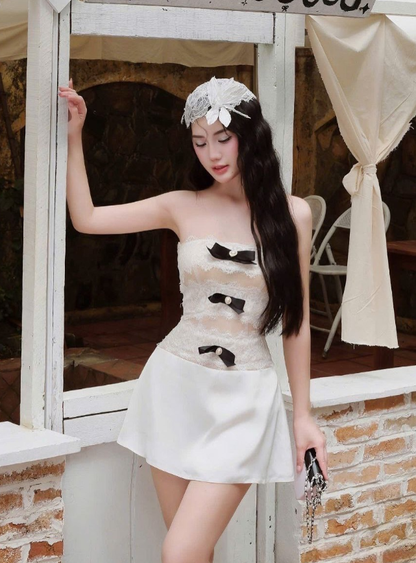 New A Line Strapless Lace Satin Short Homecoming Dress Cocktail Dress Black Bow SH3255