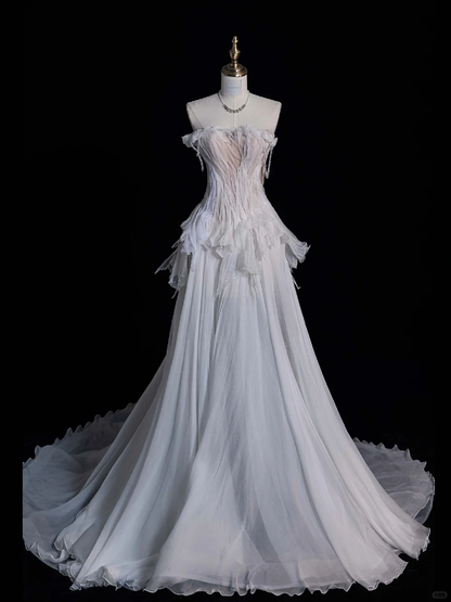 Unique A Line Off the Shoulder White Chiffon Long Sweep Prom Dress Graduation Prom Dress SH2565