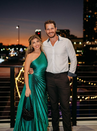 2025 New A Line One Shoulder Green Satin Long Prom Dress Evening Dress SH2328