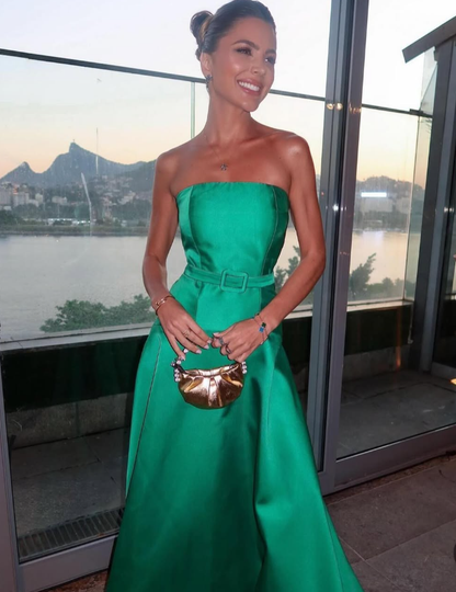 Elegant A Line Strapless Green Satin Long Prom Dress Evening Dress SH2072