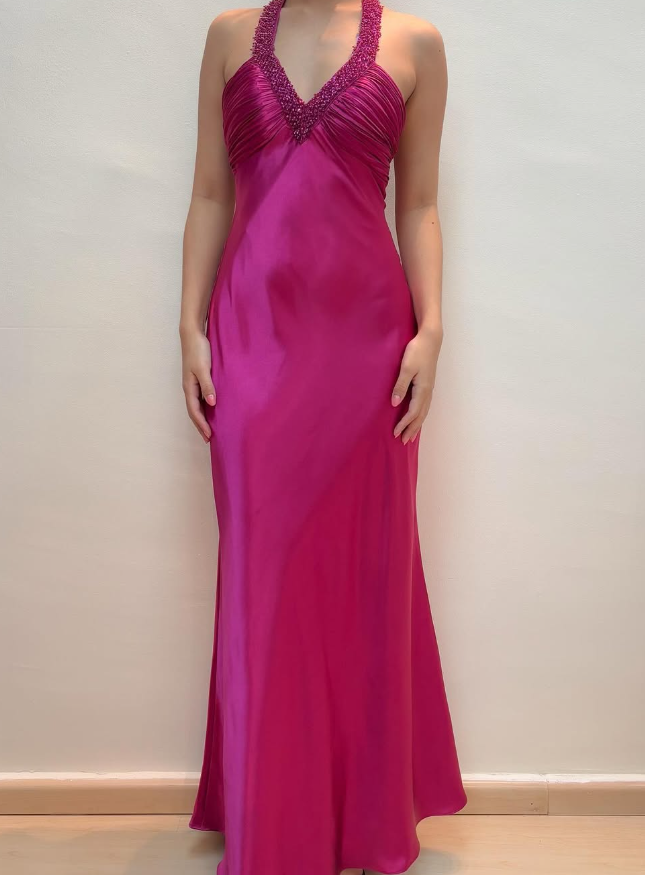 Hot Pink Mermaid V Neck Beaded Satin Open Back Prom Dress Evening Dress SH2056