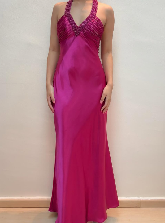 Hot Pink Mermaid V Neck Beaded Satin Open Back Prom Dress Evening Dress SH2056