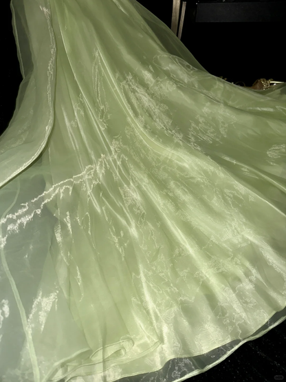 Gentle A Line Strapless Beaded Embroidery Green Organza Satin Long Prom Dress Party Dress SH3044