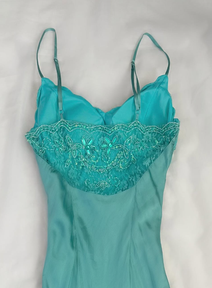 Blue Retro A Line Spaghetti Straps Beaded Lace Satin Homecoming Dress Cocktail Dress SH3546