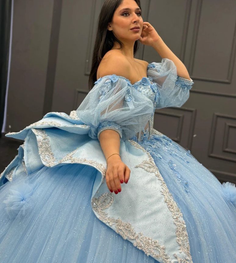 Romantic Poofy Baby Blue Floral Puff Sequin Tulle Ball Gown Quinceanera Dress SH3268