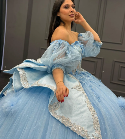 Romantic Poofy Baby Blue Floral Puff Sequin Tulle Ball Gown Quinceanera Dress SH3268