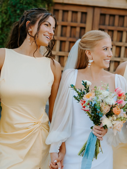 Backless A Line Round Neck Light Yellow Satin Long Bridesmaid Dress Evening Dress with Slit SH3274