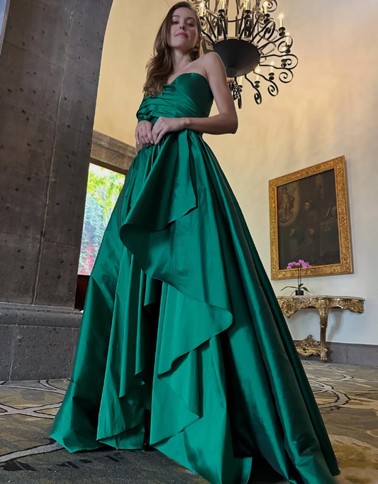 Gentle Green A Line One Shoulder Satin Long Prom Dress Evening Dress SH2502
