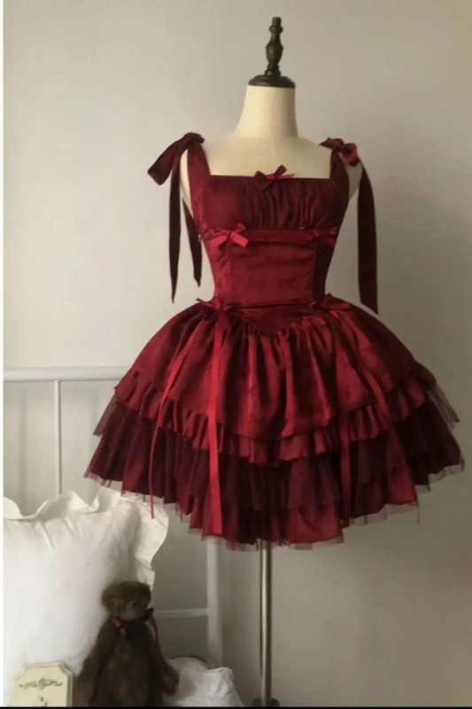 Vintage Burgundy Tulle Layered Bow Mini Birthday Outfits A Line Homecoming Dress S267