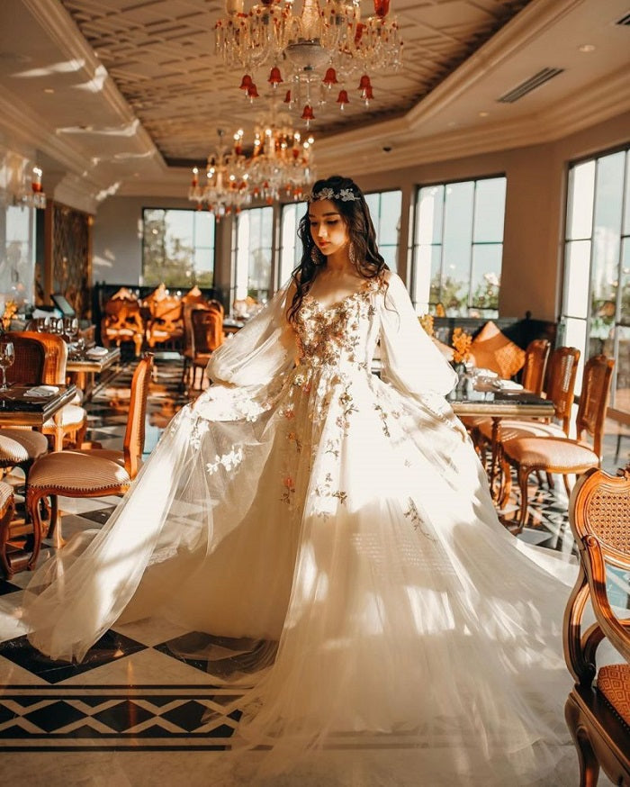 PM366,Princess 3D Floral Prom Dresses,Bubble Sleeves Tulle Ball Gown