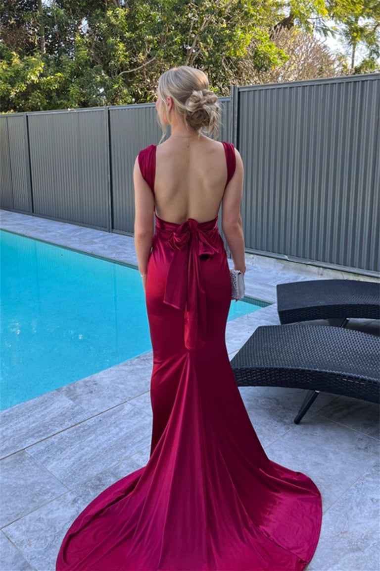 Knotted Straps Burgundy Back Bow Long Gala Dress Formal