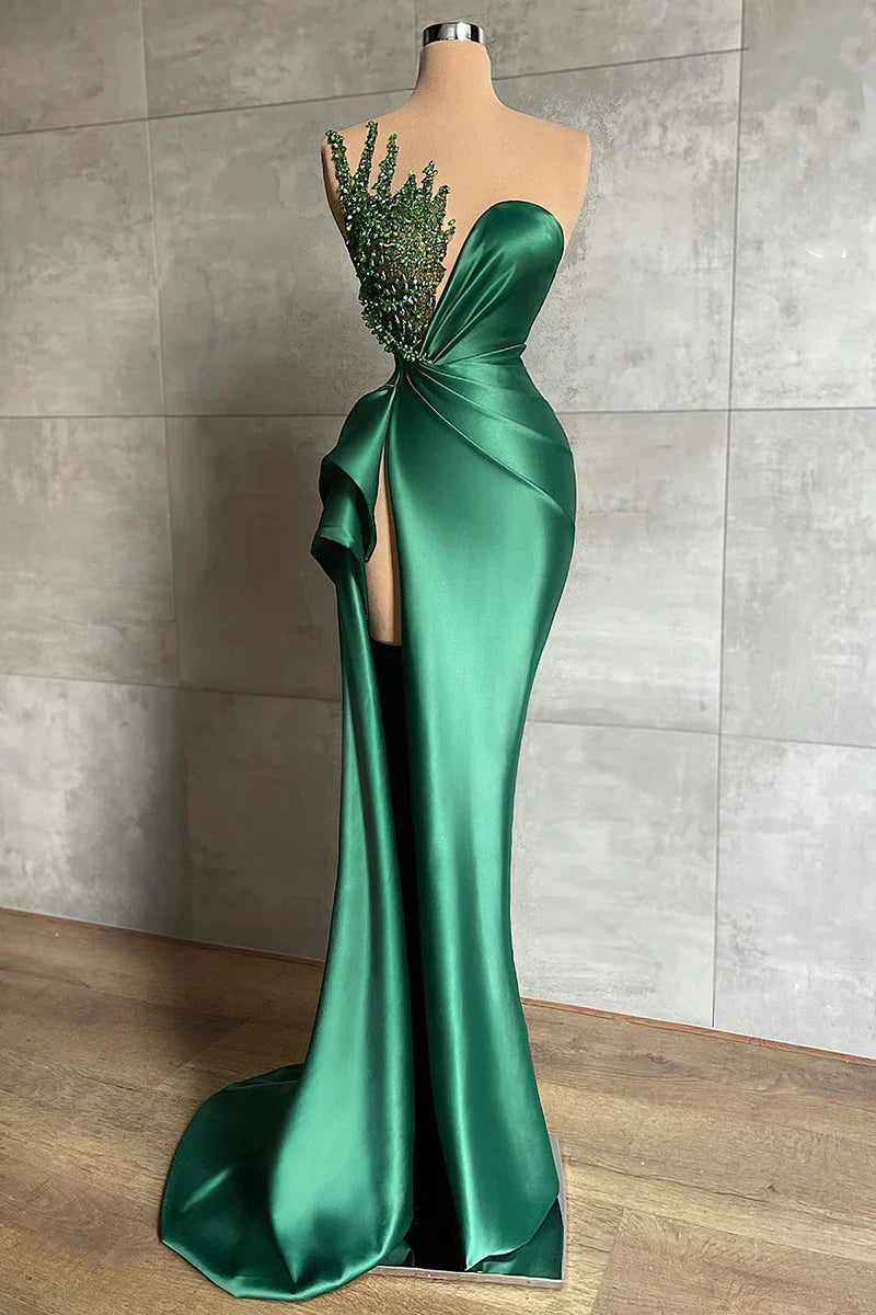 Green luxury gorgeous beaded gown long elegant satin sexy slit prom dress evening gown party dress gh1911