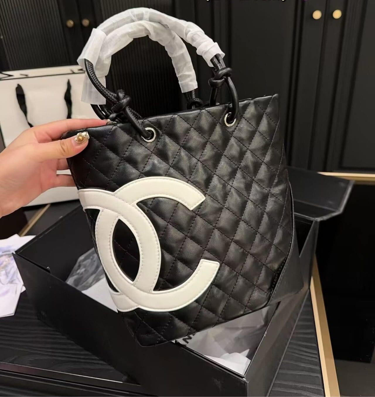 Chanel Black Quilted Lambskin Leather Medium Cambon Tote