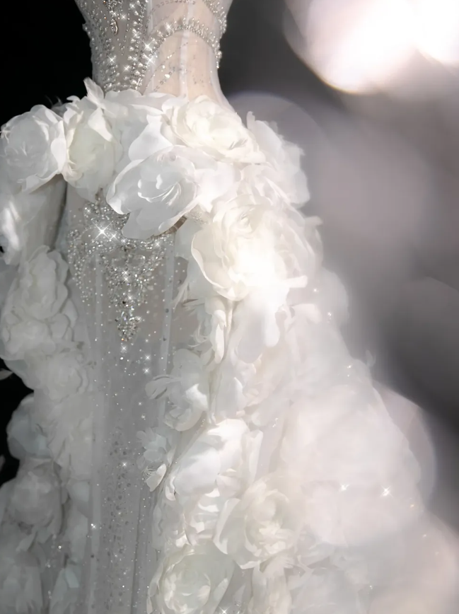 White Flower Exquisite Mermaid Rhinestone Tulle Strapless Prom Dress Evening Dress Party Dress SH3612