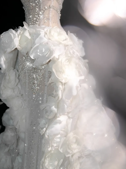 White Flower Exquisite Mermaid Rhinestone Tulle Strapless Prom Dress Evening Dress Party Dress SH3612