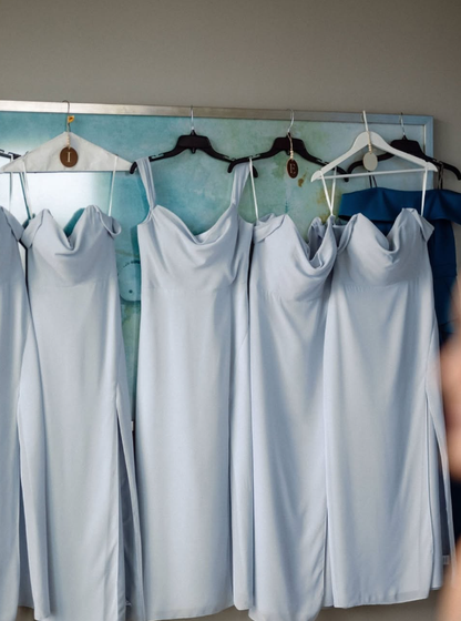 Gentle Sheath Off the Shoulder Blue Chiffon Long Prom Dress Bridesmaid Dress with Slit SH2615