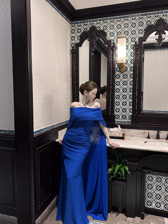 Stunning Royal Blue Mermaid Off the Shoulder Chiffon Prom Dress Party Dress Formal Dress SH3664