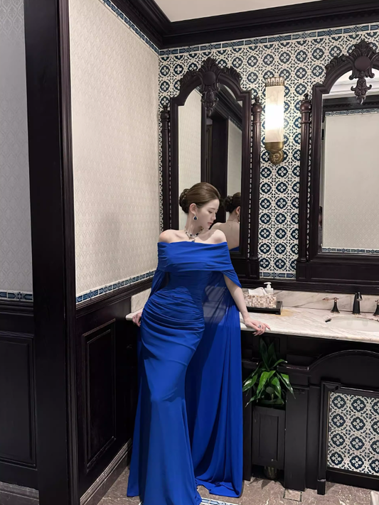 Stunning Royal Blue Mermaid Off the Shoulder Chiffon Prom Dress Party Dress Formal Dress SH3664