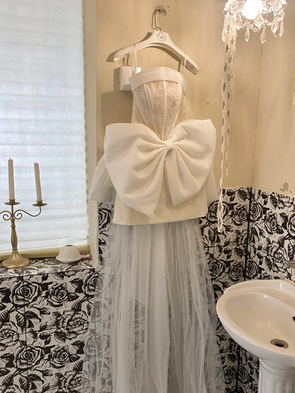 White Bow A Line Strapless Beaded Lace Satin Short Homecoming Dress Birthday Dress SH3859