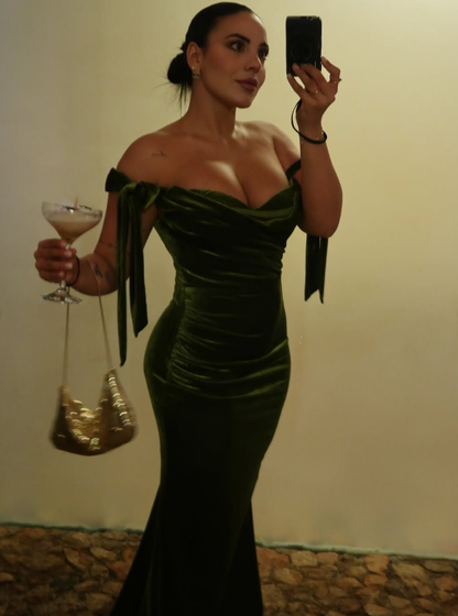 Elegant Mermaid Off the Shoulder Green Velvet Long Prom Dress Evening Dress SH2023