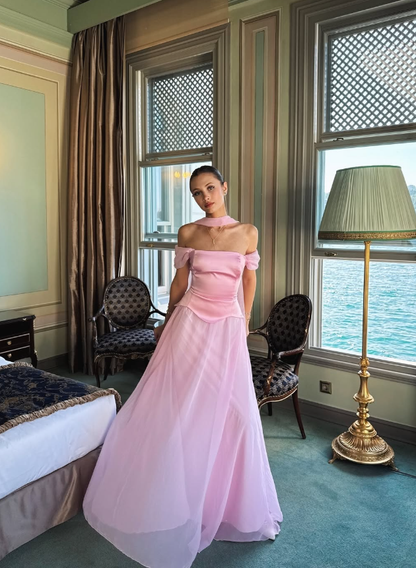 Elegant Baby Blue A Line Off the Shoulder Chiffon Satin Prom Dress Evening Dress Formal Dress SH3745