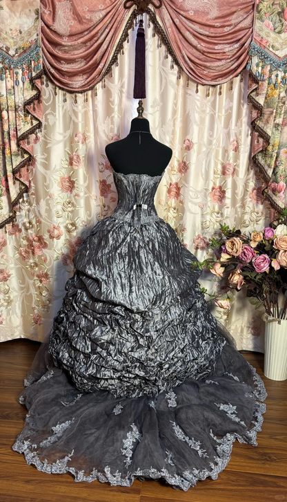 Vintage Grey A Line Sweetheart Neck Lace Satin Tulle Prom Dress Evening Dress Formal Dress SH3704