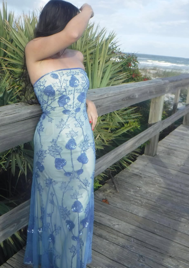 Vintage Sheath Strapless Beaded Appliques Blue Chiffon Satin Prom Dress Evening Dress SH2626