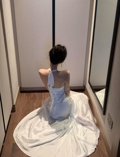 White A Line Halter Beaded Satin Open Back Prom Dress Evening Dress SH3764