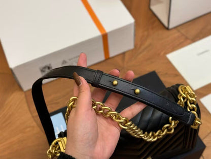 CHANEL Calfskin Chevron Quilted Medium Boy Flap Black