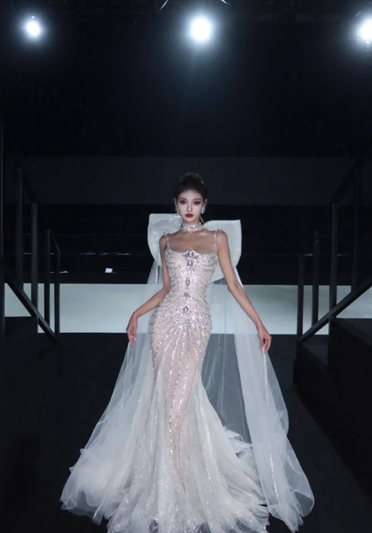 Rhinestone Exquisite Mermaid Spaghetti Strap Beaded Tulle Prom Dress Wedding Dress with Bow SH3639