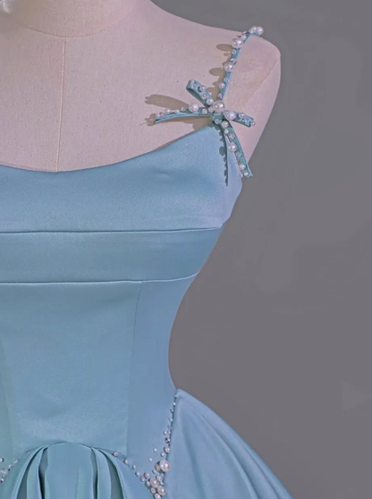 Blue A Line Spaghetti Strap Pearl Bow Satin Prom Dress Graduation Prom Dress SH2463