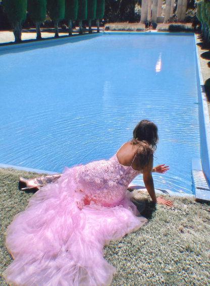 Princess Mermaid V Neck Corset Appliques Pink Tulle Prom Dress Evening Dress SH2165