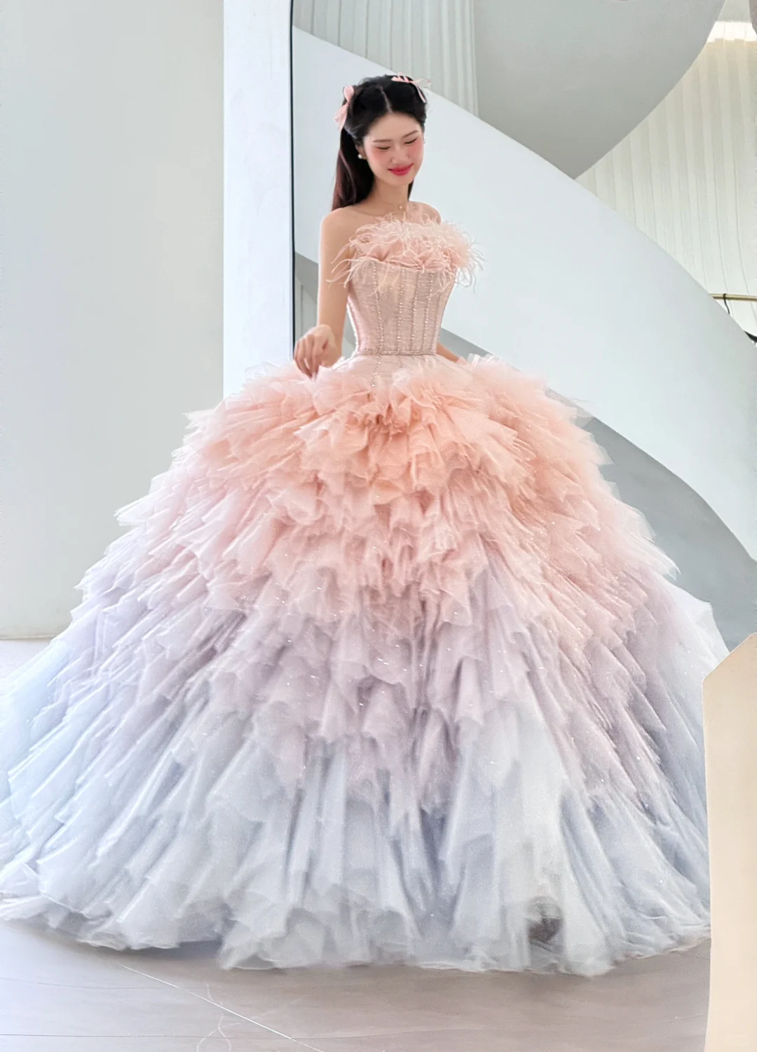 Cute A Line Strapless Corset Feather Pink Tulle Long Prom Dress Evening Dress SH2996