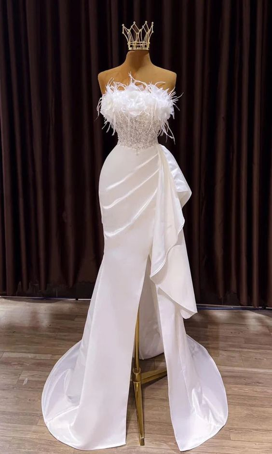 Vintage Mermaid Long Slit White Wedding Dress Prom Dress SH1333