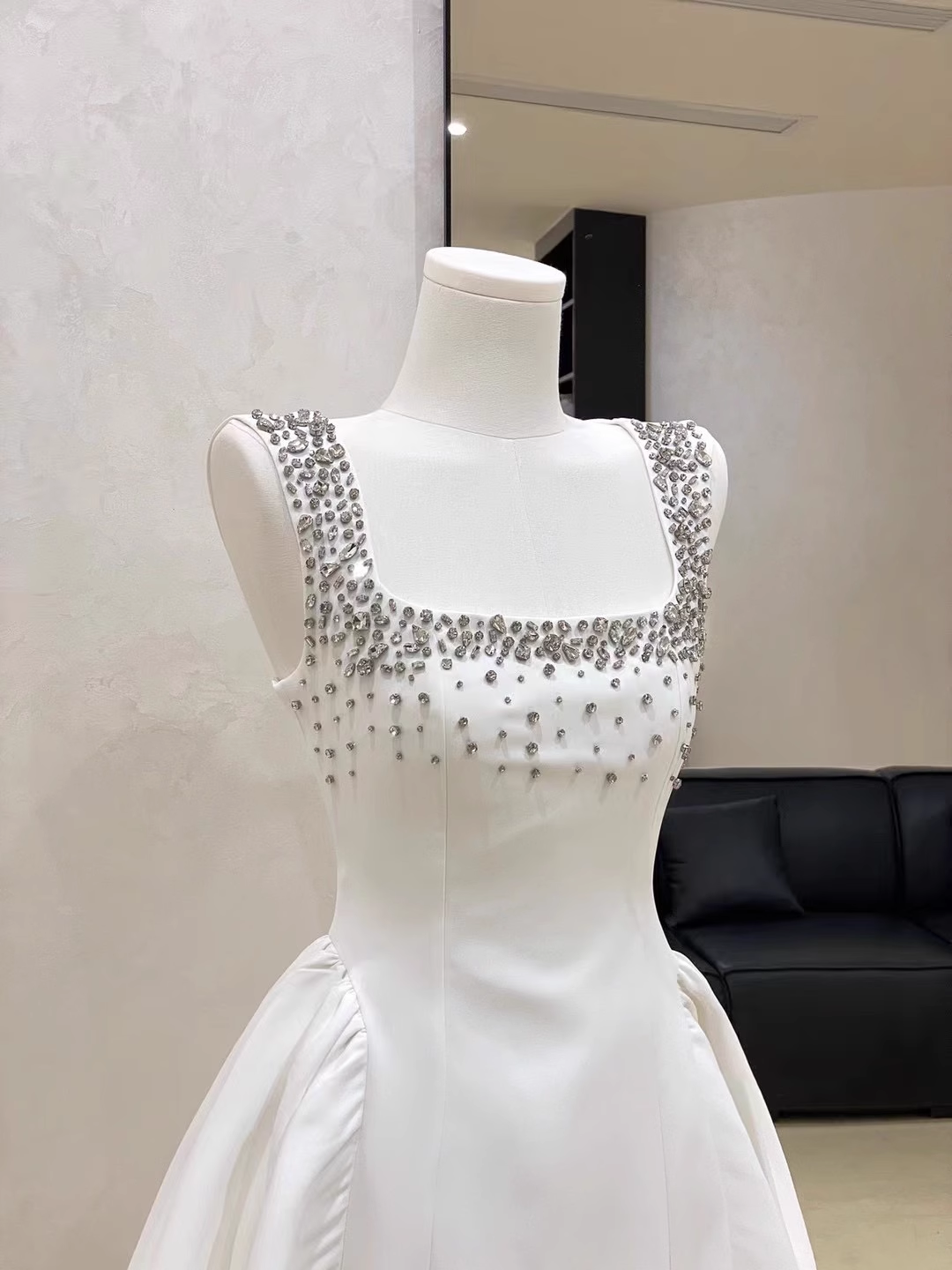 Sexy White Satin Beaded Square Neck A Line Birthday Outfits Vacation Dress S246