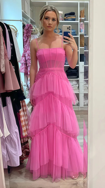 Hot pink elegant fashion long layered tulle bodycon princess ball gown evening dress gh1970